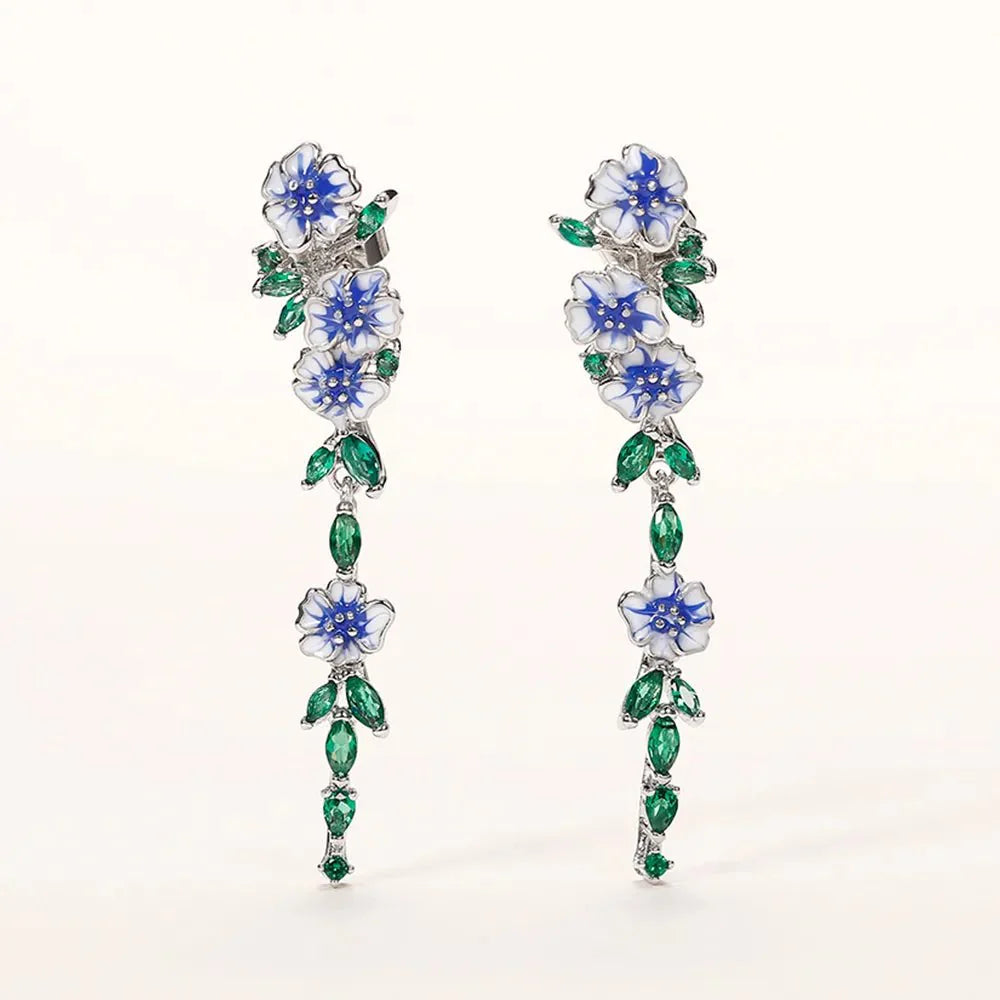 Glossy Blue Floral Dangling Earrings
